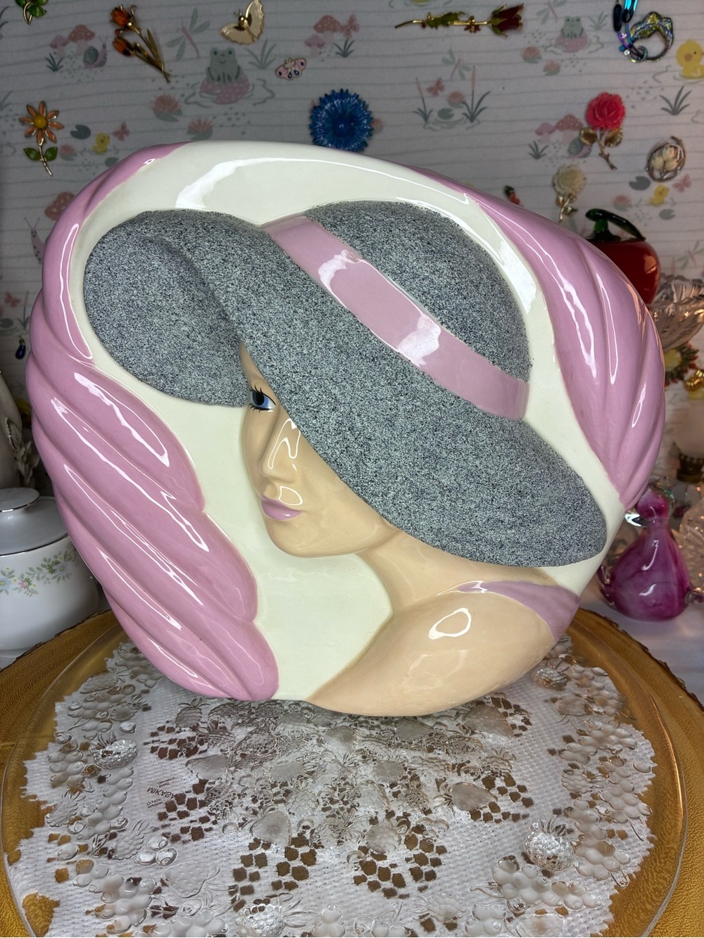 Vintage planter or vase pink/white and textured gray hat